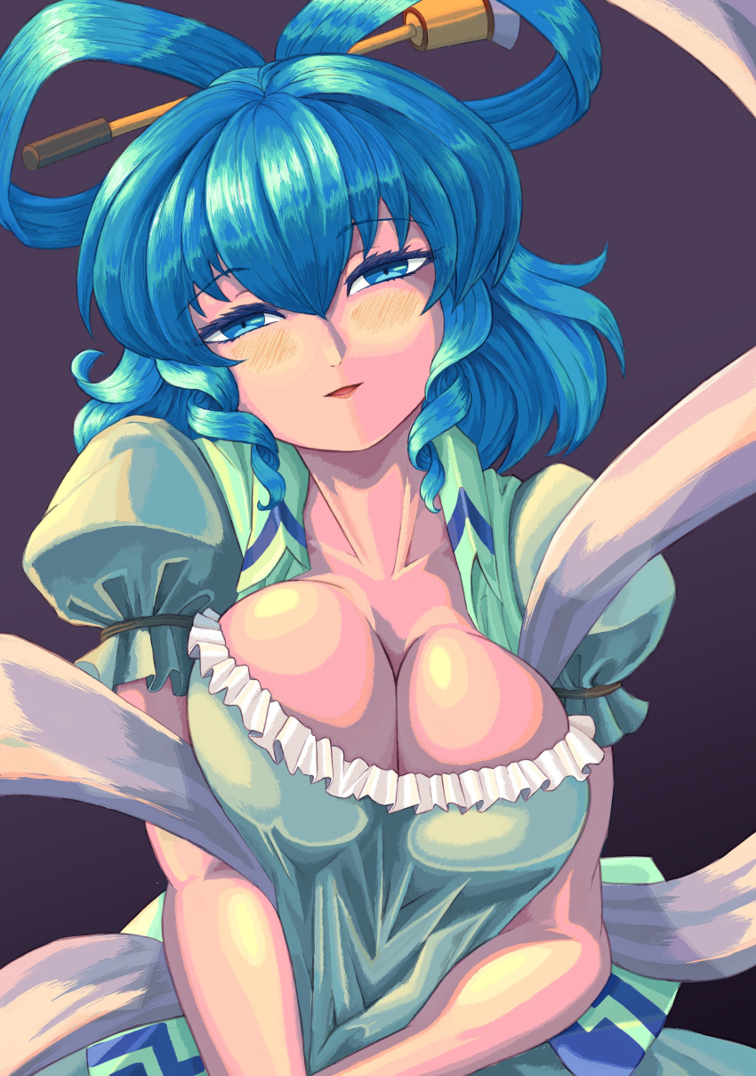 1girl absurdres blue_dress blue_eyes blue_hair blush breasts chisel ciapolilla cleavage dress drill_hair drill_sidelocks hair_ornament hair_rings hair_stick hat_ornament highres kaku_seiga large_breasts looking_at_viewer open_clothes open_mouth open_vest puffy_sleeves shawl short_hair short_sleeves sidelocks smile solo touhou vest white_vest