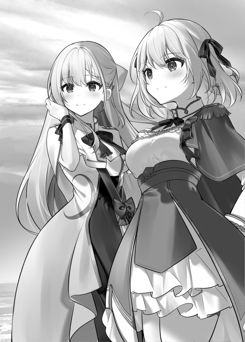 2girls ahoge anisphia_wynn_palettia blush bow bowtie braid breasts capelet chain closed_mouth cloud commentary_request epaulettes euphyllia_magenta greyscale hair_ribbon highres kisaragi_yuri large_breasts long_hair medium_hair monochrome multiple_girls official_art outdoors ribbon second-party_source shirt skirt smile tensei_oujo_to_tensai_reijou_no_mahou_kakumei