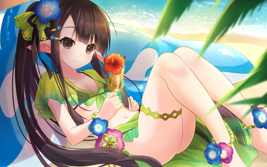 1girl black_eyes black_hair commission feet_out_of_frame flower hair_flower hair_ornament highres long_hair ocean sen_no_rikyuu_(sengoku_bushouki_muramasa) sengoku_bushouki_muramasa skeb_commission solo swimsuit t_yakuri