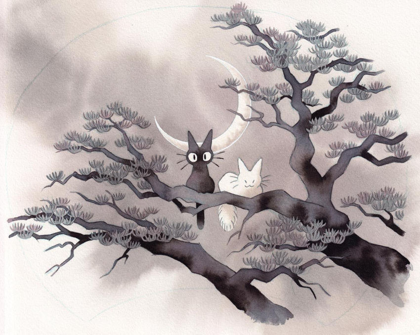 abstract_background animal animal_focus black_cat cat closed_eyes crescent_moon grey_sky greyscale heikala in_tree monochrome moon multiple_cats no_humans original outdoors painting_(medium) pine_tree sitting sitting_in_tree sky traditional_media tree very_big_eyes watercolor_(medium) white_cat