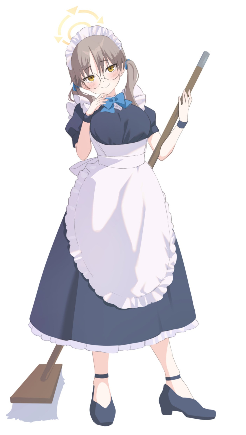 1girl absurdres alternate_costume apron black_dress black_footwear blue_archive blush breasts brown_eyes brown_hair closed_mouth dress enmaided frilled_apron frills full_body glasses halo highres holding holding_mop large_breasts long_hair maid maid_apron maid_headdress moe_(blue_archive) mop nnyara puffy_short_sleeves puffy_sleeves round_eyewear shoes short_sleeves simple_background smile solo twintails white_apron white_background yellow_halo