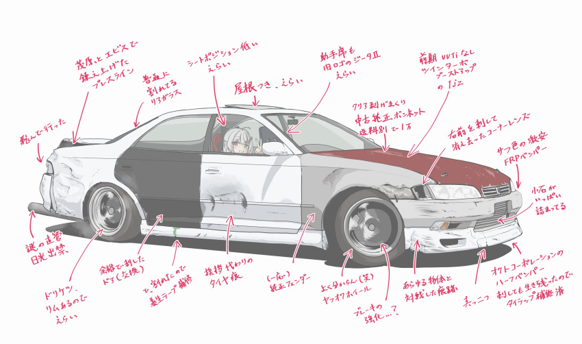 1girl absurdres arrow_(symbol) driving from_side highres ishigami_nozomi looking_at_viewer nijisanji right-hand_drive shadow simple_background smile toyota toyota_mark_ii translation_request v vehicle_focus waju220 white_background