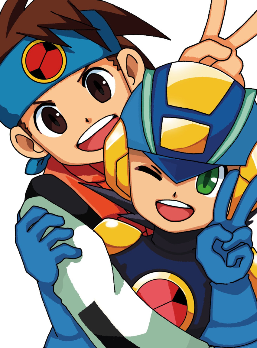 2boys ;d black_hair blue_bodysuit blue_headband blue_helmet bodysuit brown_eyes brown_hair gloves green_eyes headband helmet highres irotoridori2024 lan_hikari_(mega_man) looking_at_viewer male_focus mega_man_(series) mega_man_battle_network_(series) megaman.exe multiple_boys one_eye_closed open_mouth smile spiked_hair teeth upper_teeth_only v white_background