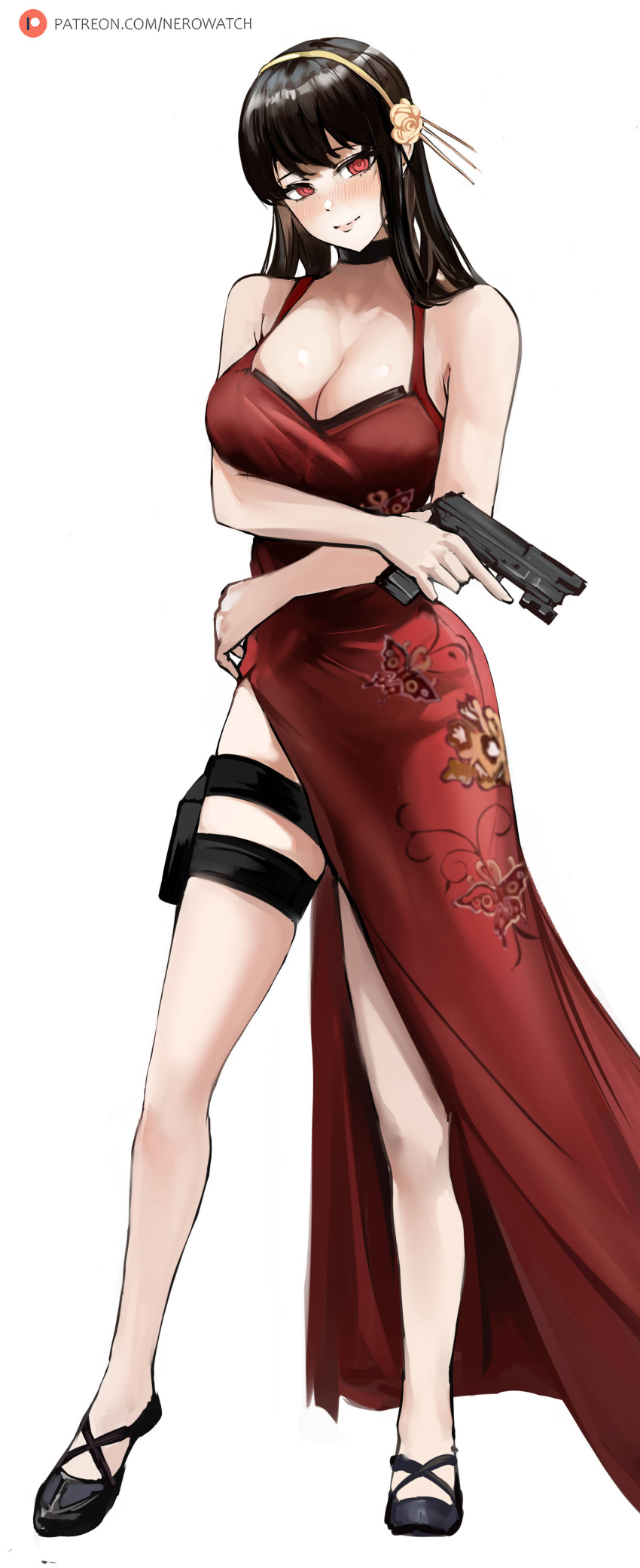 1girl absurdres ada_wong ada_wong_(cosplay) animal_print black_choker black_hair blush breasts butterfly_print choker cleavage closed_mouth cosplay dress flower full_body gun hair_flower hair_ornament hairband handgun highres holding holding_gun holding_weapon holster large_breasts long_hair looking_at_viewer nero_watch patreon_username print_dress red_dress red_eyes resident_evil side_slit simple_background solo spy_x_family thigh_holster trigger_discipline weapon web_address white_background yor_briar