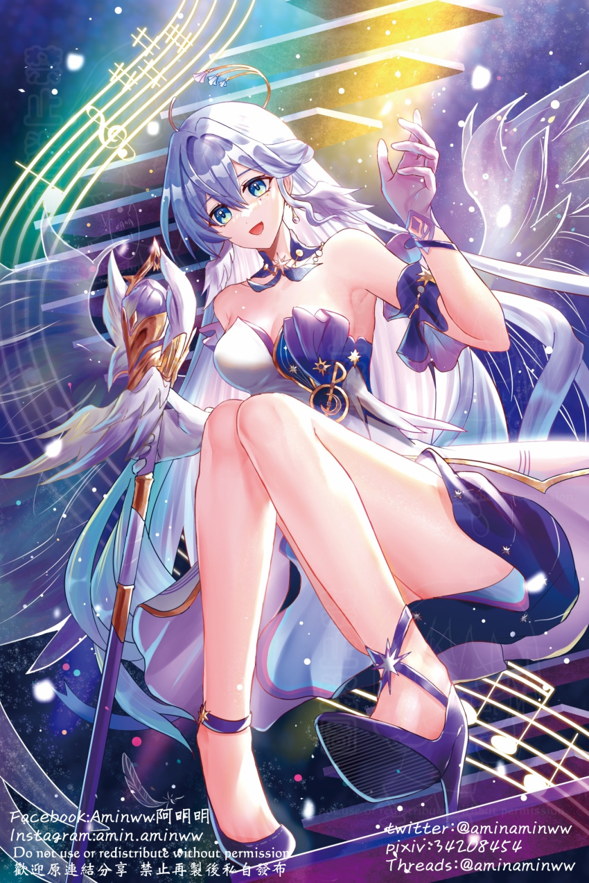 1girl :d aminww_amingming aqua_eyes bare_legs bare_shoulders breasts choker cleavage commentary detached_sleeves dress grey_hair halo head_wings high_heels highres holding holding_staff honkai:_star_rail honkai_(series) long_hair looking_at_viewer medium_breasts musical_note open_mouth purple_choker purple_footwear robin_(honkai:_star_rail) short_sleeves smile solo staff staff_(music) strapless strapless_dress thighs very_long_hair white_dress wings