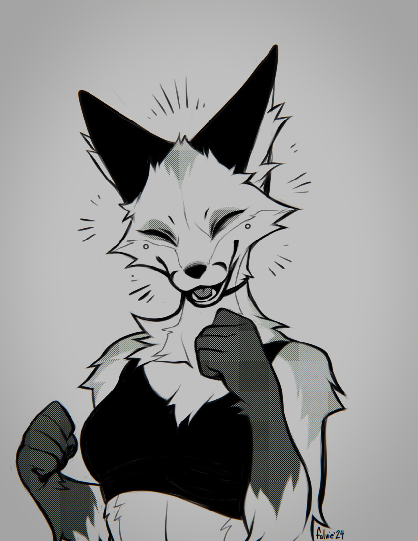 2024 anthro canid canine clothed clothing digital_media_(artwork) eyes_closed falvie female fox fur gloves_(marking) grey_background hi_res inner_ear_fluff mammal markings midriff open_mouth open_smile piercing signature simple_background smile solo the_fox_(falvie) tuft