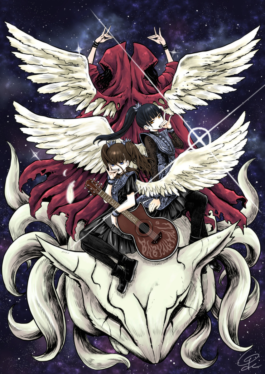 absurdres acoustic_guitar babymetal black_footwear black_hair black_nails black_pantyhose black_skirt black_wristband brown_hair fox_shadow_puppet glint guitar highres instrument izumi_(toubun_kata) kikuchi_moa long_hair mizuno_yui nakamoto_suzuka pantyhose ponytail skirt skull star_(sky) twintails white_wings wings