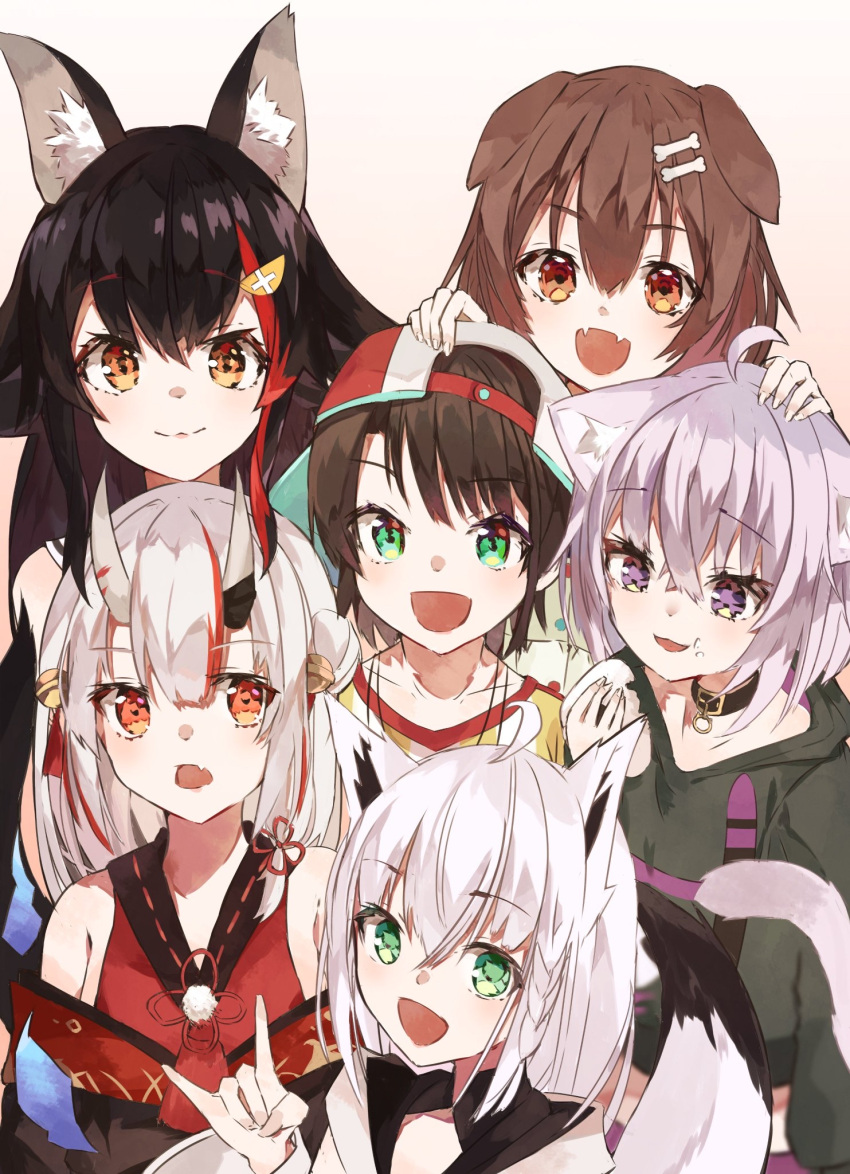 6+girls :d ahoge animal_collar animal_ears backwards_hat baseball_cap bell black_collar black_hair black_hoodie black_kimono braid brown_hair cat_ears cat_girl center-flap_bangs closed_mouth collar demon_girl demon_horns detached_sleeves dog_ears dog_girl dot_nose double-parted_bangs double_bun eating fang fangs flipped_hair flower_knot food fox_ears fox_girl fox_shadow_puppet fox_tail front_slit gold_trim gradient_background green_eyes hair_between_eyes hair_bun hair_ornament hat highres holding holding_food hololive hololive_gamers hood hooded_vest hoodie horns inugami_korone inugami_korone_(1st_costume) japanese_clothes jingle_bell kimono long_hair long_sleeves looking_at_another looking_at_viewer multicolored_hair multiple_girls nakiri_ayame nakiri_ayame_(1st_costume) nekomata_okayu nekomata_okayu_(1st_costume) off_shoulder oni onigiri ookami_mio ookami_mio_(1st_costume) oozora_subaru oozora_subaru_(1st_costume) open_mouth orange_eyes pom_pom_(clothes) purple_eyes purple_hair red_hair red_kimono shirakami_fubuki shirakami_fubuki_(1st_costume) shirt short_hair side_braid sidelocks sleeveless sleeveless_kimono smile spiked_hair strapless streaked_hair striped_clothes striped_shirt swept_bangs t-shirt tail tamago_nezumi tassel two-tone_headwear two-tone_shirt two_side_up vertical-striped_clothes vertical-striped_shirt very_long_hair vest virtual_youtuber white_hair white_sleeves wolf_ears wolf_girl