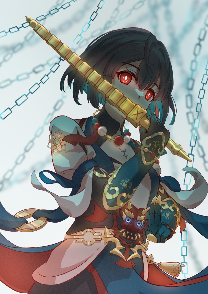 1girl absurdres bare_shoulders black_hair blue_hair chain dress gloves glowing hair_between_eyes highres holding holding_sword holding_weapon huahong2333 looking_at_viewer multicolored_hair red_eyes seele_vollerei short_hair short_sleeves solo sword tattoo weapon xueyi_(honkai:_star_rail)