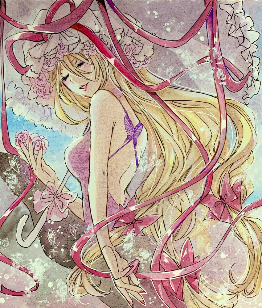 1girl absurdres akaioringo2023 back bare_shoulders blonde_hair closed_eyes dress flower frilled_hat frills halter_dress halterneck hat highres holding holding_flower holding_umbrella long_hair mob_cap portal_(object) purple_dress red_lips red_nails red_ribbon ribbon solo touhou umbrella upper_body white_hat yakumo_yukari