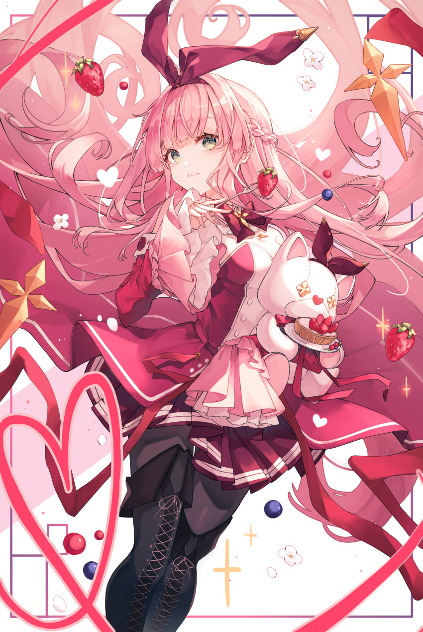 1girl absurdres arcaea black_pantyhose bow breasts brown_eyes cleavage_cutout clothing_cutout curly_hair dot_nose dress flower food frilled_sleeves frills fruit hair_spread_out highres kou_(arcaea) large_breasts long_hair looking_at_viewer miyu_(miy_u1308) pantyhose pink_hair red_bow red_dress red_sleeves simple_background sleeves_past_wrists solo strawberry stuffed_toy two-tone_dress very_long_hair white_background white_dress wide_sleeves