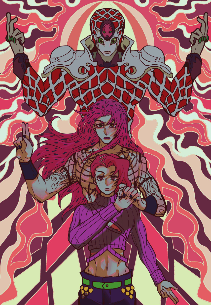 1other 2boys absurdres arm_tattoo black_nails cleavage_cutout clothing_cutout crop_top diavolo dual_persona freckles green_eyes hand_up hands_up highres holding_hands jojo_no_kimyou_na_bouken king_crimson_(stand) lace_shirt long_hair male_focus midriff multiple_boys pink_background pink_eyes pink_hair polka_dot_hair stand_(jojo) swampland sweater tattoo vento_aureo vinegar_doppio wristband