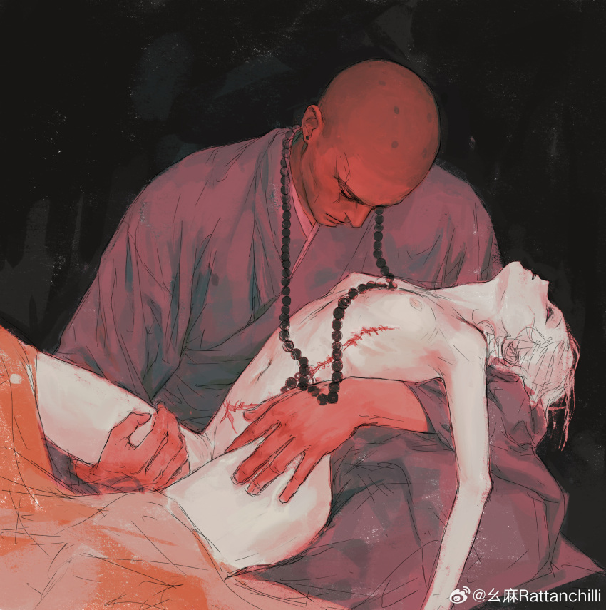 1boy 1girl bald bead_necklace beads black_background blue_kimono blue_sleeves breasts chinese_commentary closed_eyes commentary_request completely_nude corpse dark-skinned_male dark_skin expressionless feet_out_of_frame fingernails full_body highres japanese_clothes jewelry kimono long_sleeves necklace nipples nude original pale_skin parted_lips prayer_beads ribs scar scar_across_eye short_hair simple_background skinny small_breasts stitches weibo_watermark white_hair wide_sleeves yaoma_rattanchilli