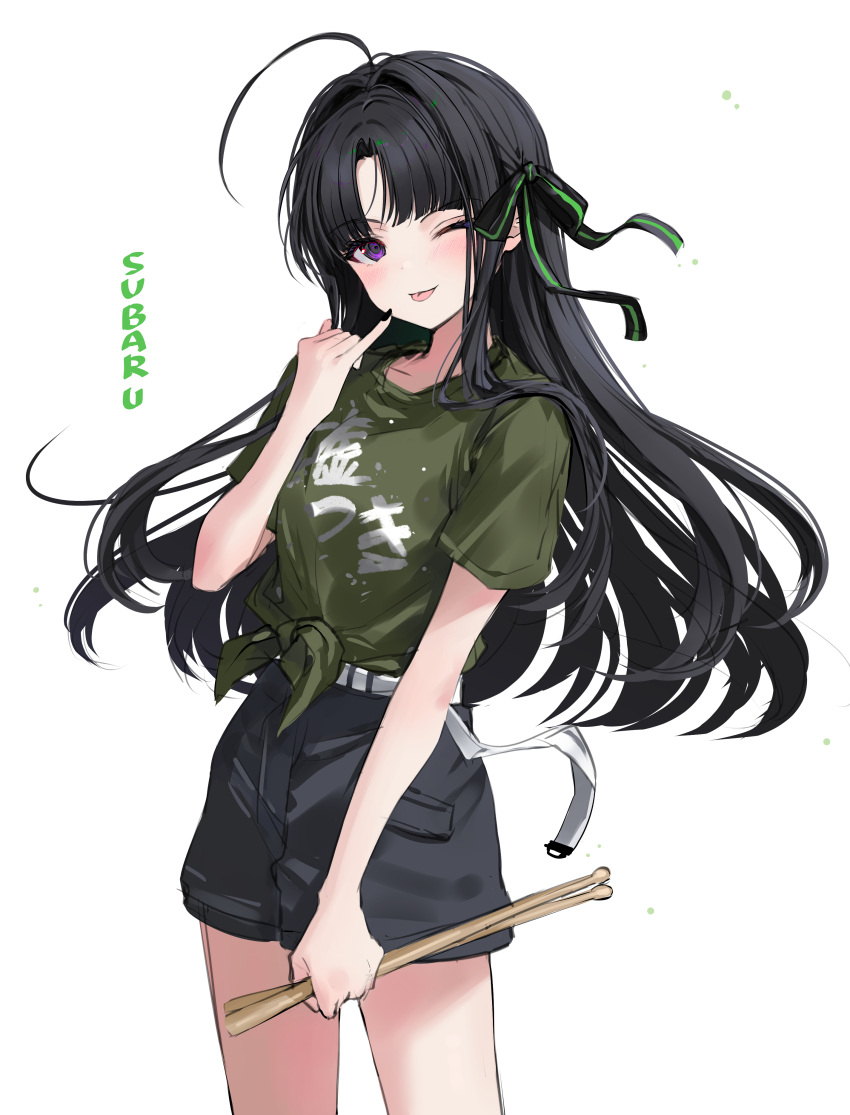 1girl absurdres ahoge awa_subaru belt black_hair black_nails black_ribbon black_shorts blush c0m3_as_y0u_ar3 character_name clothes_writing commentary cowboy_shot drumsticks floating_hair girls_band_cry green_shirt hair_ribbon hair_spread_out hashtag-only_commentary highres holding holding_drumsticks long_hair looking_at_viewer nail_polish one_eye_closed parted_bangs pinky_out purple_eyes ribbon shirt short_sleeves shorts simple_background solo tied_shirt translation_request white_background white_belt