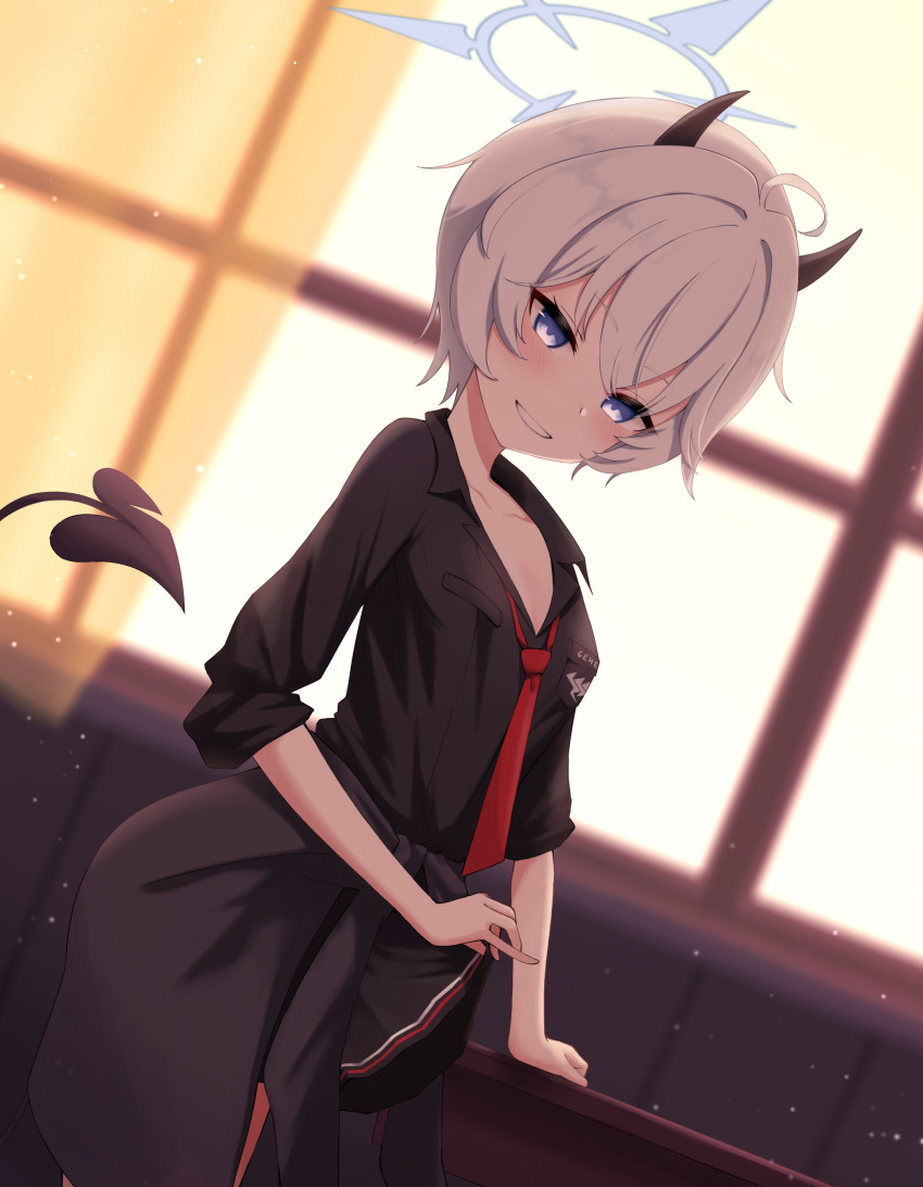 1girl absurdres black_horns black_shirt black_tail blue_archive blue_eyes blue_halo blush breasts cleavage collarbone collared_shirt cowboy_shot demon_horns demon_tail erika_(blue_archive) grey_hair grin halo highres horns indoors looking_at_viewer necktie red_necktie shiroiurushi shirt short_hair small_breasts smile solo tail window