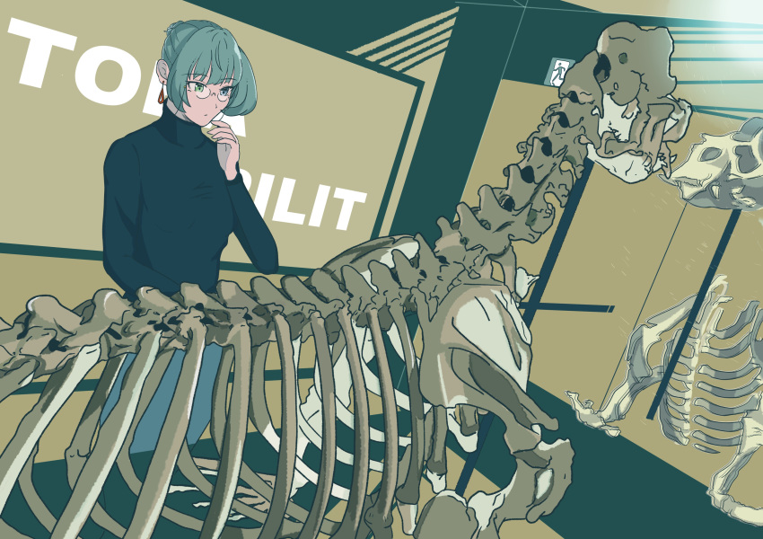 1girl absurdres dinosaur eyewear_strap fossil glasses green_hair heterochromia highres idolmaster idolmaster_cinderella_girls museum piercing sweater takagaki_kaede yakumo_kamiiya