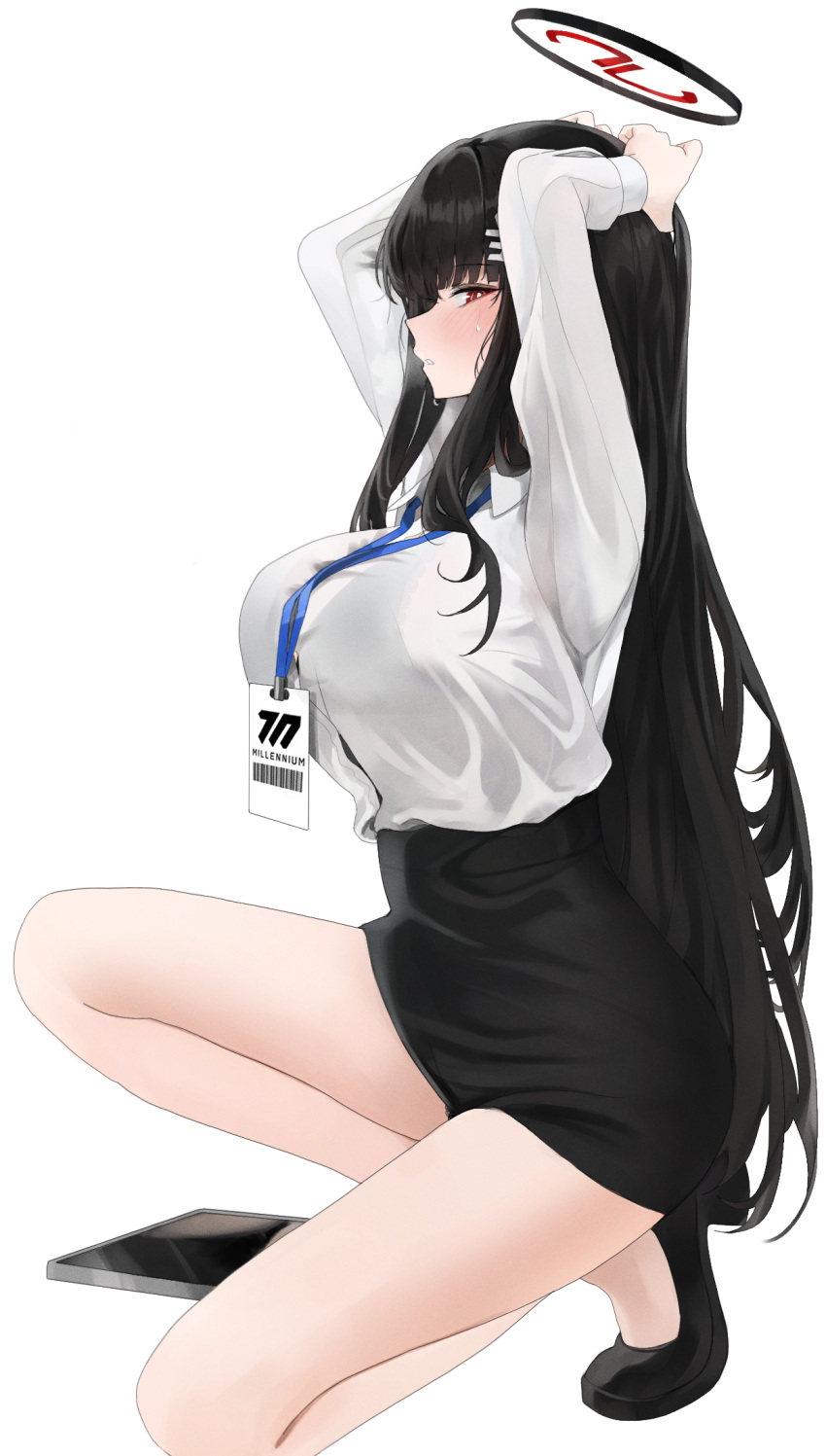 1girl arms_up black_hair black_skirt blue_archive blush bra_visible_through_clothes breasts breath from_side fte_(fifteen_199) full_body halo highres lanyard large_breasts long_hair looking_at_viewer looking_to_the_side office_lady parted_lips pencil_skirt red_eyes rio_(blue_archive) shirt shirt_tucked_in sideways_glance simple_background skirt solo squatting tablet_pc thighs very_long_hair white_background white_shirt