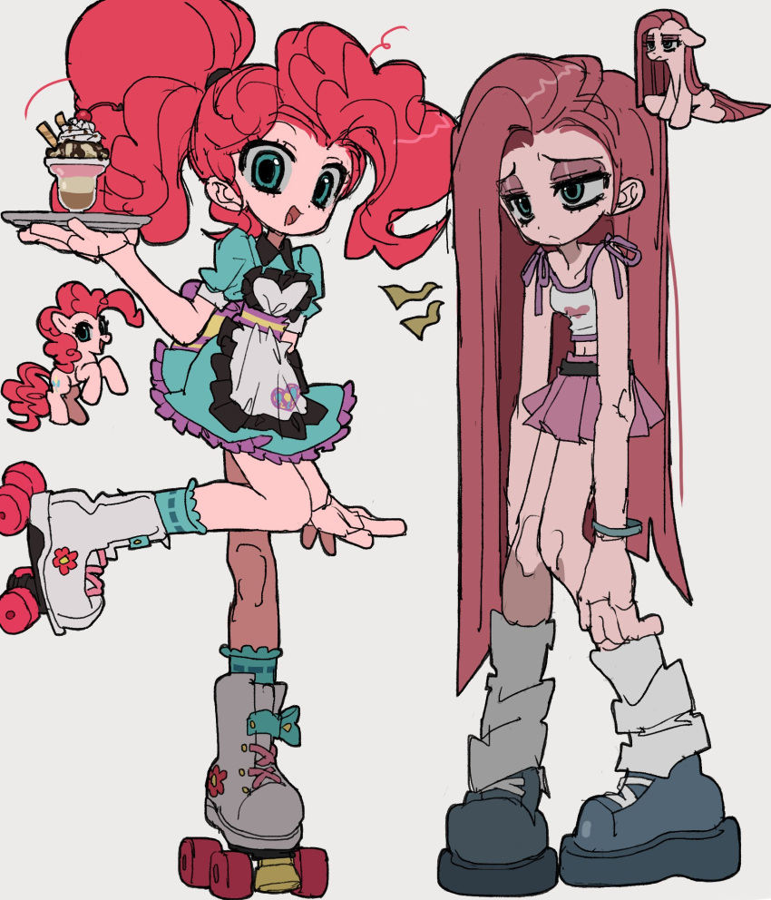 blue_eyes colored_skin dual_persona food grey_background happy highres ice_cream jwnn my_little_pony my_little_pony:_friendship_is_magic open_mouth pink_skin pink_skirt pinkie_pie roller_skates sad simple_background skates skirt variations