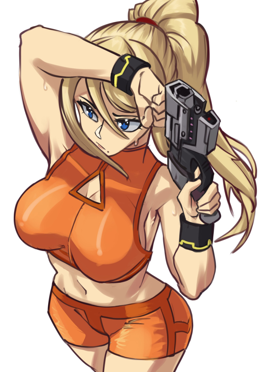 1girl absurdres black_wristband blonde_hair blue_eyes breasts cleavage_cutout closed_mouth clothing_cutout crop_top english_commentary from_above gun hair_between_eyes highres holding holding_gun holding_weapon large_breasts long_hair metroid midriff mole mole_under_mouth moxydraws navel orange_shirt orange_shorts plasma_pistol ponytail samus_aran shirt short_shorts shorts sleeveless sleeveless_shirt solo sweat weapon white_background