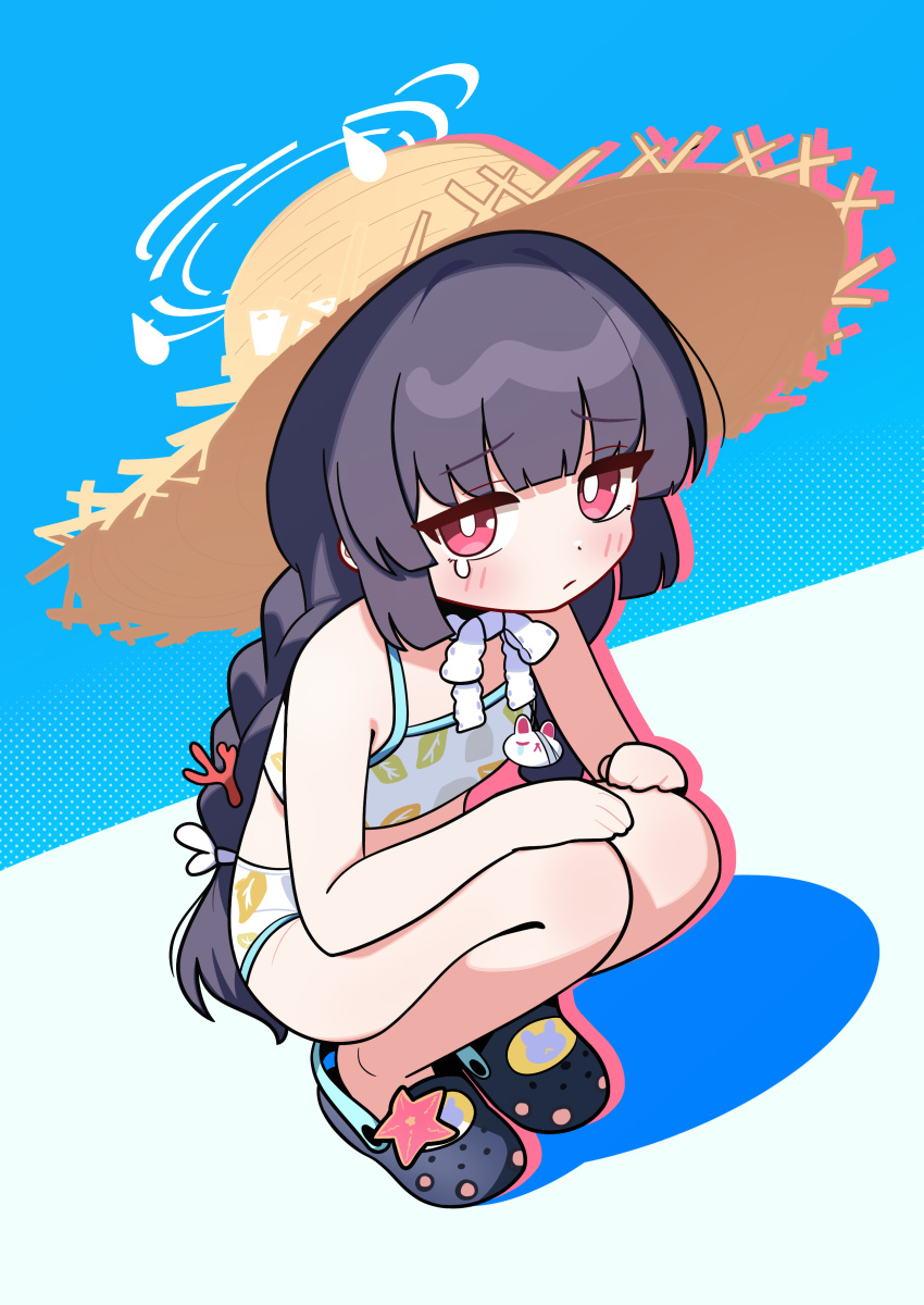 1girl absurdres bare_arms bare_legs bare_shoulders bikini black_footwear black_hair blue_archive blush braid breasts bright_pupils closed_mouth crocs full_body halo hat highres jorang_(jorang08) leaf_print long_hair looking_at_viewer miyu_(blue_archive) miyu_(swimsuit)_(blue_archive) official_alternate_costume print_bikini red_eyes small_breasts solo squatting straw_hat swimsuit twin_braids two-tone_background white_bikini white_pupils