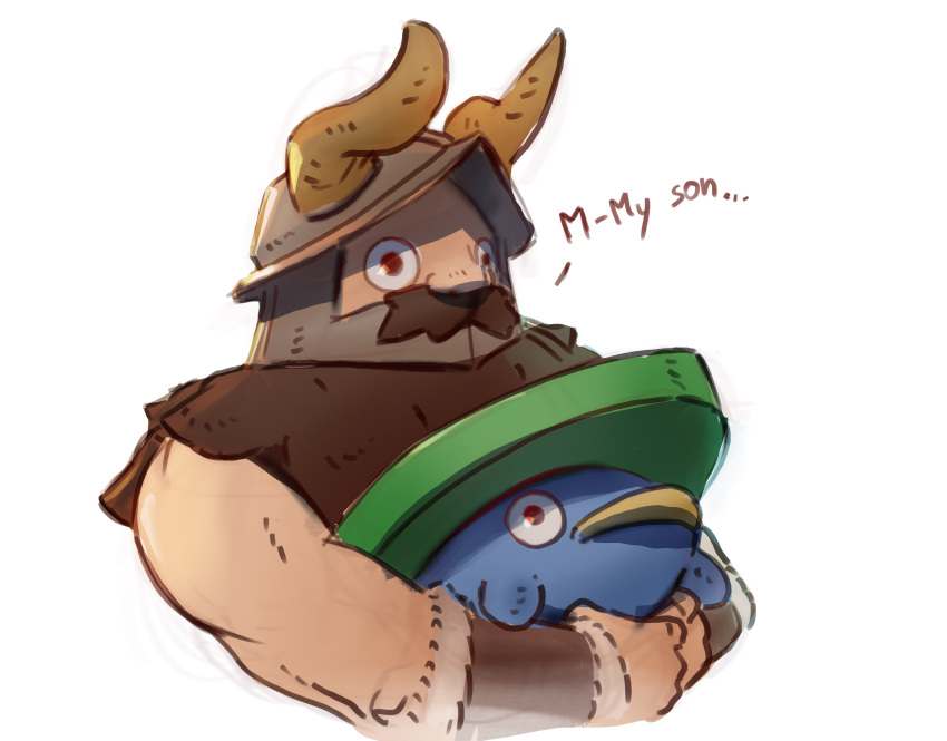 1boy affectionate beard cropped_torso crossover dungeon_meshi dwarf english_text expressionless facial_hair fake_horns fatherly helmet highres holding holding_pokemon horned_helmet horns levha_siehn long_beard looking_ahead lotad male_focus pokemon pokemon_(creature) senshi_(dungeon_meshi) thick_mustache trait_connection unfinished very_long_beard