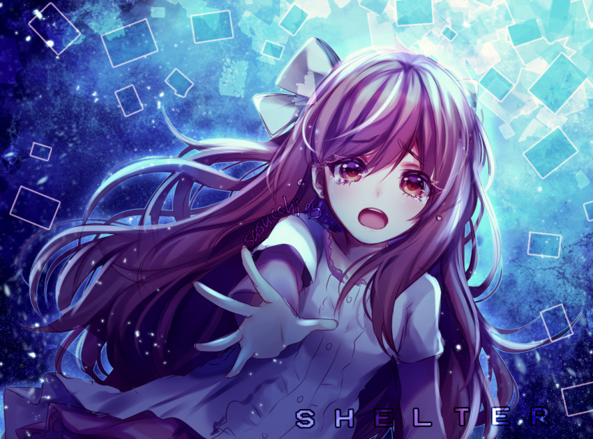 1girl aqua_background arm_at_side artist_name blue_aura blue_background brown_hair buttons center_frills child collarbone commentary copyright_name crying dress english_commentary foreshortening frills gradient_background hair_behind_ear layered_dress layered_sleeves long_hair long_sleeves looking_at_viewer multicolored_eyes open_mouth orange_eyes pink_dress purple_eyes rin_(shelter) sasucchi95 shelter_(song) short_sleeves solo tearing_up tears teeth two-tone_eyes upper_body upper_teeth_only white_dress