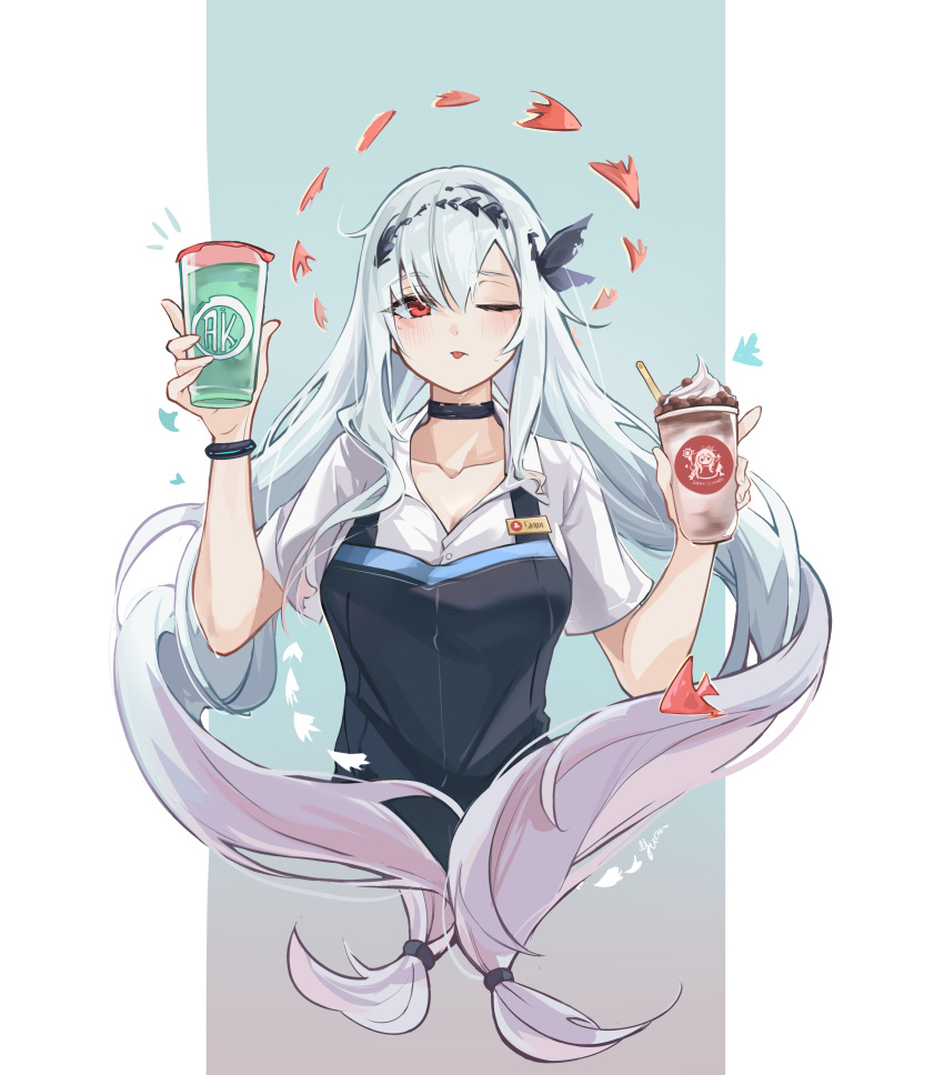 1girl absurdres apron arknights black_apron black_choker bracelet choker closed_mouth collarbone cropped_torso cup disposable_cup frappuccino highres holding holding_cup jewelry long_hair long_sleeves looking_at_viewer one_eye_closed red_eyes shengyuan_03 shirt sidelocks simple_background skadi_(arknights) solo tongue tongue_out variant_set white_hair white_shirt