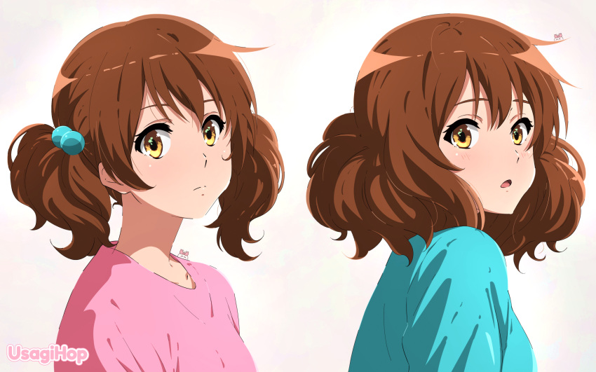 1girl alternate_hairstyle aqua_shirt artist_name brown_eyes brown_hair commentary_request expressionless hair_bobbles hair_ornament hibike!_euphonium highres long_sleeves looking_at_viewer medium_hair oumae_kumiko parted_lips pink_shirt shirt twintails upper_body usagihop variations