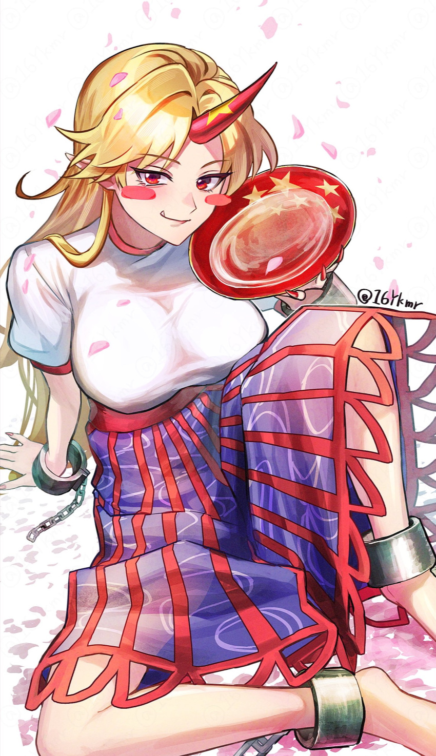 16ykmr 1girl absurdres alcohol barefoot blonde_hair blue_skirt breasts cuffs cup fang fingernails highres holding holding_cup horns hoshiguma_yuugi large_breasts long_hair long_skirt pointy_ears puffy_short_sleeves puffy_sleeves red_eyes red_horns red_nails sake see-through see-through_skirt shackles sharp_fingernails shirt short_sleeves single_horn sitting skirt smile solo star_(symbol) star_print striped_clothes striped_skirt touhou twitter_username white_background white_shirt