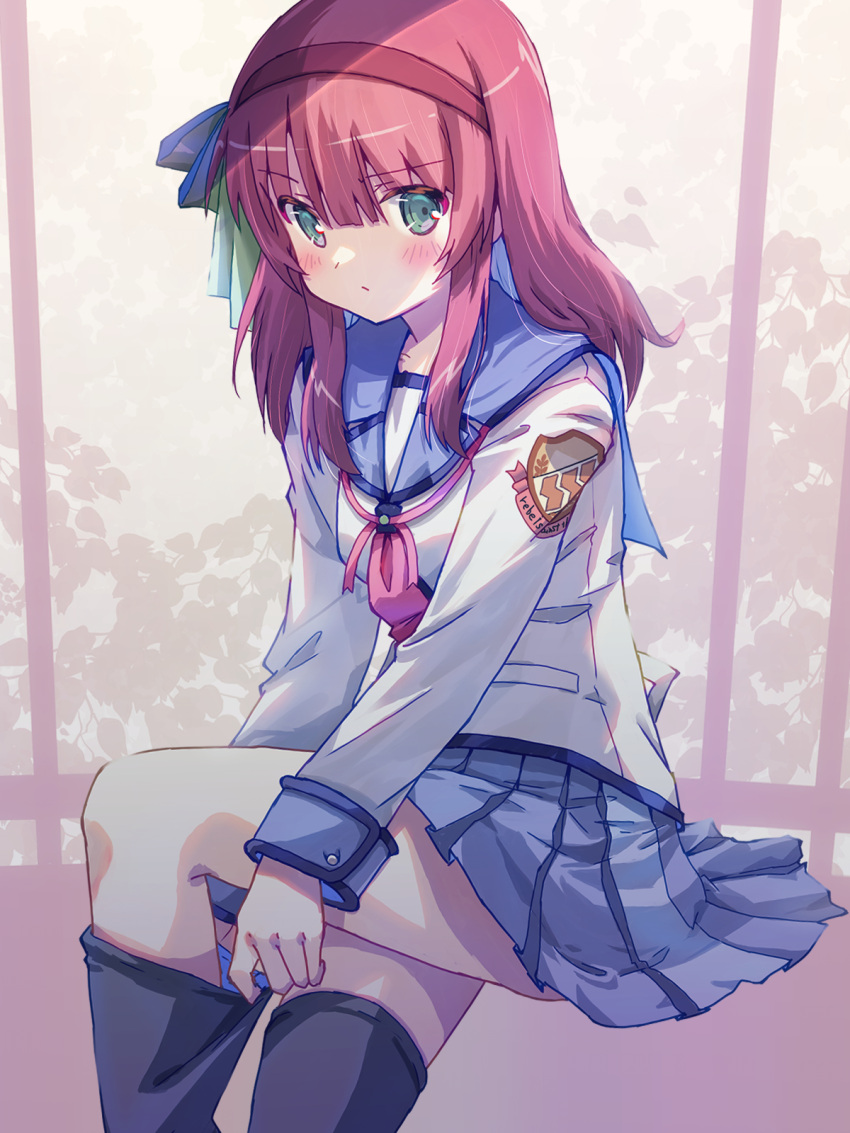 1girl :/ adjusting_clothes adjusting_legwear akayama_yukihe angel_beats! black_thighhighs blue_sailor_collar blue_skirt blunt_bangs blush bow closed_mouth commentary dressing eyes_visible_through_hair frown green_bow green_eyes hair_bow hairband highres long_sleeves looking_at_viewer medium_hair miniskirt nakamura_yuri neckerchief pink_background pink_neckerchief pleated_skirt purple_hair red_hairband sailor_collar shinda_sekai_sensen_uniform shirt sidelighting sidelocks simple_background sitting skirt solo straight_hair thighhighs v-shaped_eyebrows white_shirt