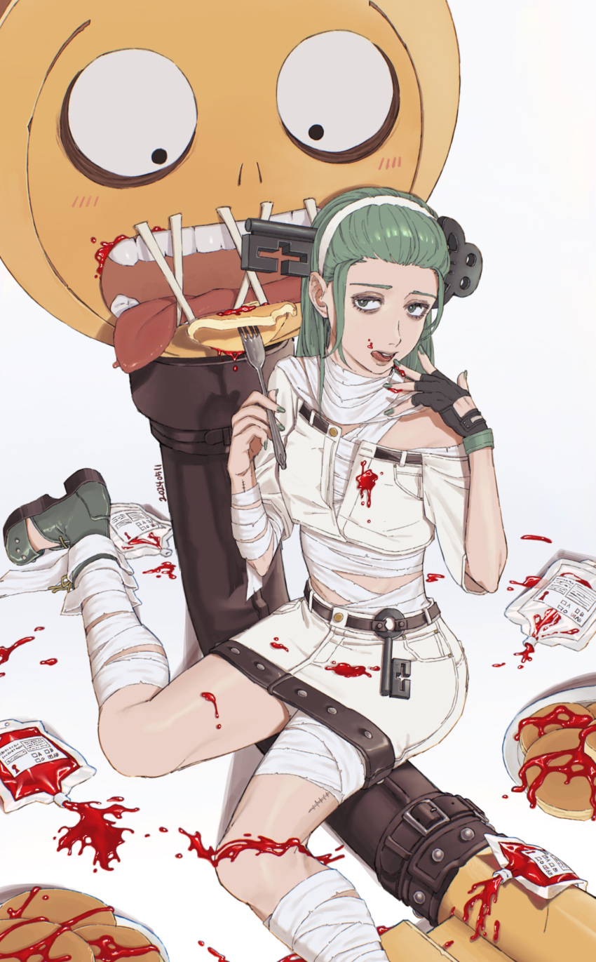 1girl a.b.a absurdres bags_under_eyes bandaged_chest bandaged_neck bandages blood blood_on_bandages blood_on_clothes food fork guilty_gear guilty_gear_strive headband highres key key_in_head object_through_head pale_skin paracelsus_(guilty_gear) stitched_mouth stitches suamarada tongue tongue_out white_headband