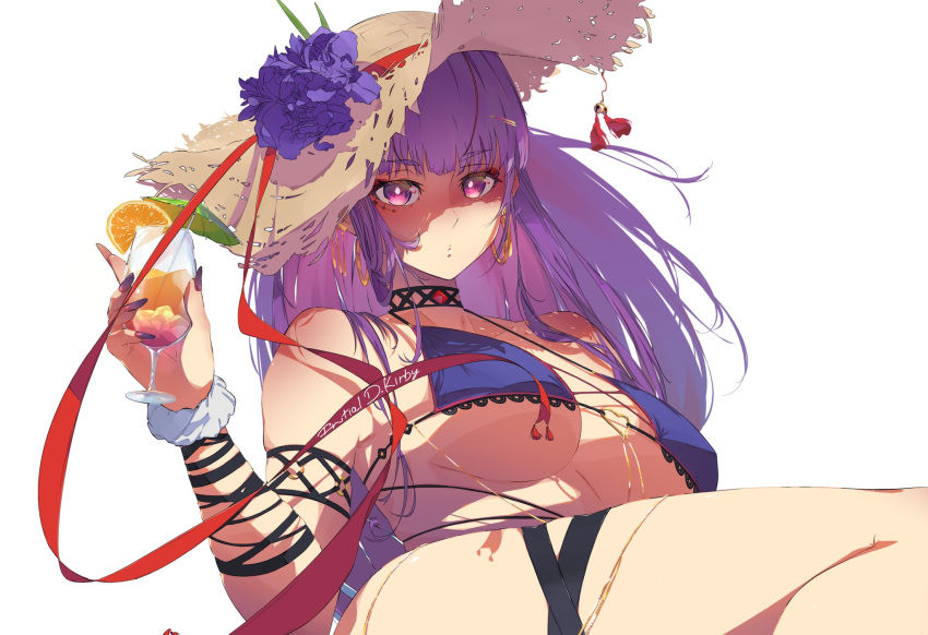 1girl bikini blush breasts closed_mouth fern_(sousou_no_frieren) flower hair_ornament highres initialdkirby jewelry large_breasts long_hair looking_at_viewer purple_eyes purple_hair ribbon simple_background solo sousou_no_frieren swimsuit very_long_hair white_background