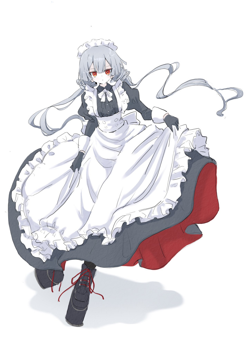 1girl alternate_costume apron boots dress duel_monster frilled_apron frills gloves grey_hair highres jigenshin long_hair low_twintails maid maid_headdress red_eyes sky_striker_ace_-_roze solo twintails white_apron yu-gi-oh!