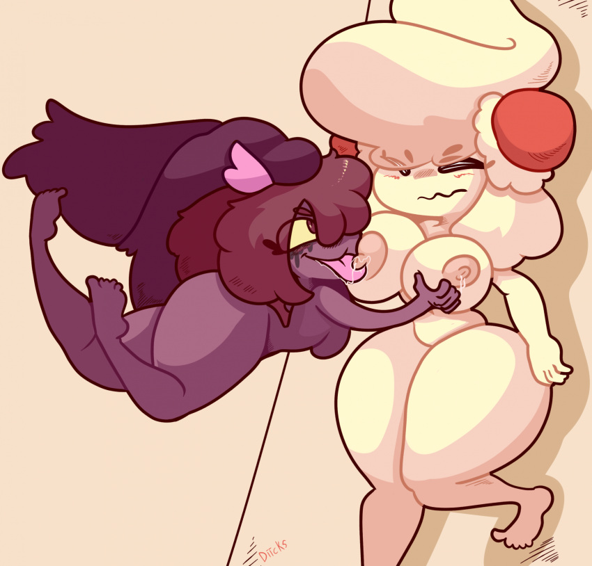 alcremie anthro areola barefoot big_breasts blush bodily_fluids breast_milking breast_play breast_suck breastfeeding breasts cream_(diicks) digital_media_(artwork) diicks duo eyes_closed feet female female/female fingers food food_creature food_hair fruit generation_4_pokemon generation_8_pokemon ghost hair hi_res lactating licking malpo_(kiss_the_carrot) milk mismagius nintendo nipple_fetish nipple_lick nipple_play nipples nude one_eye_obstructed plant pokemon pokemon_(species) pseudo_hair red_eyes shaded simple_background smile spirit sucking thick_thighs tongue tongue_out wide_hips yellow_sclera