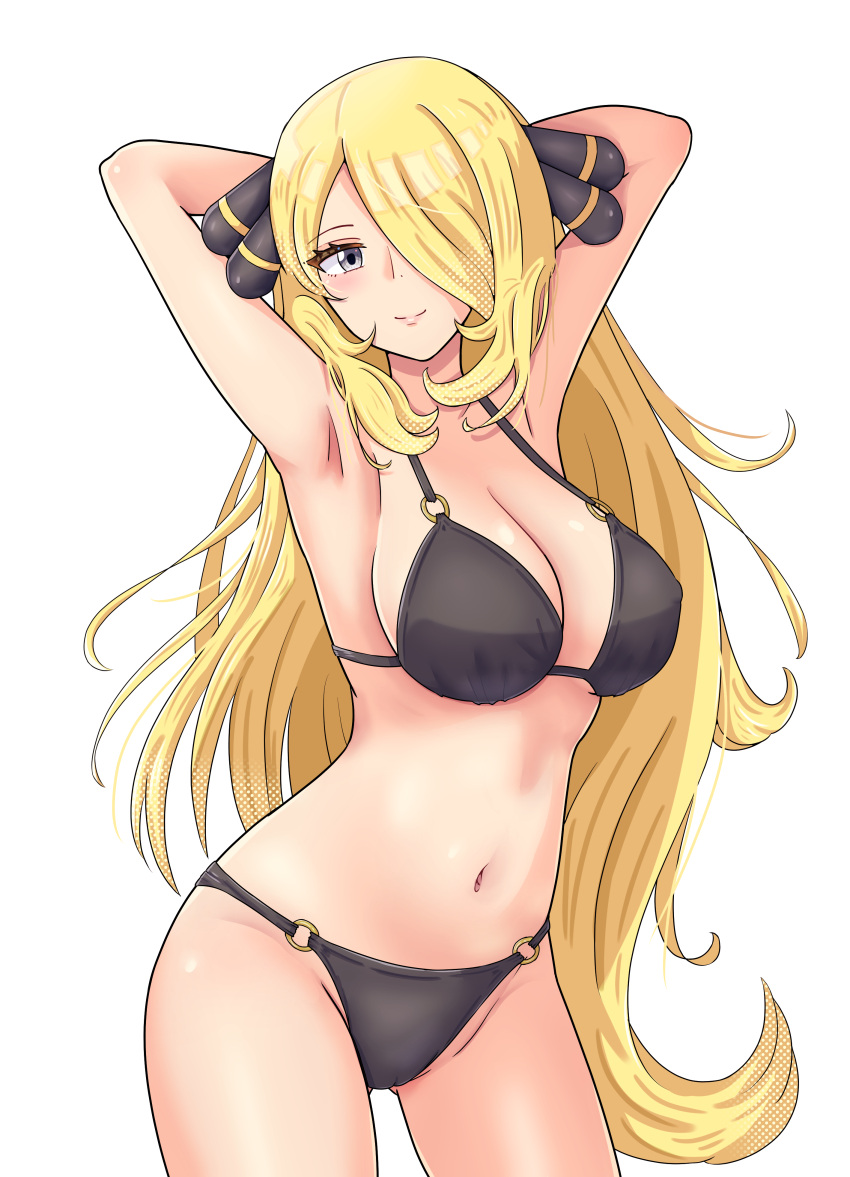 1girl absurdres armpits arms_up ass_visible_through_thighs bikini black_bikini blonde_hair breasts closed_mouth commentary_request cowboy_shot cynthia_(pokemon) grey_eyes hair_ornament hair_over_one_eye highres large_breasts long_hair looking_at_viewer maho_(corotonton5150) navel partial_commentary pokemon pokemon_dppt simple_background smile solo stomach swimsuit very_long_hair white_background