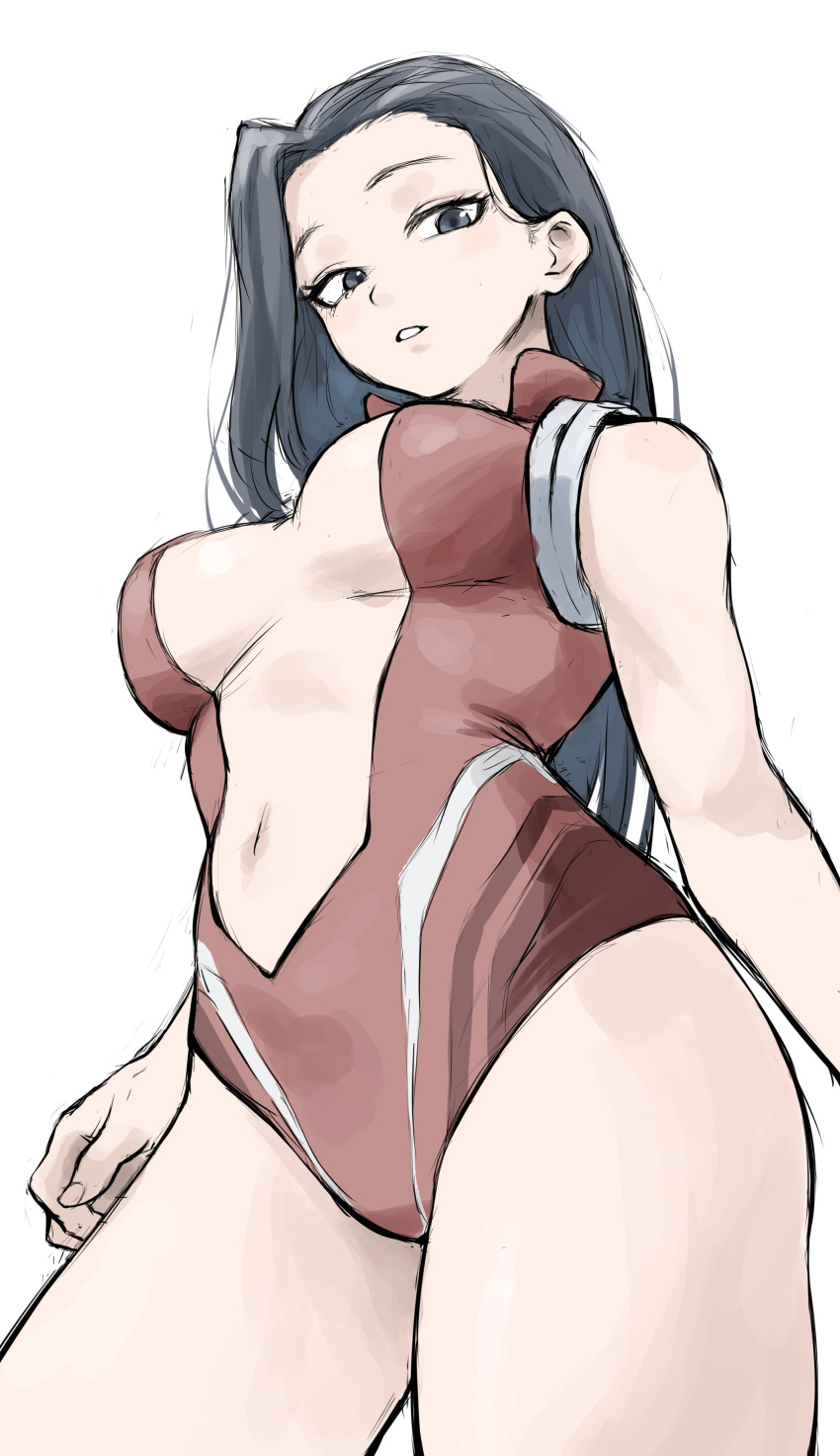 1girl absurdres black_eyes black_hair boku_no_hero_academia breasts center_opening fengling_(furin-jp) from_below highres leotard long_hair medium_breasts navel red_leotard simple_background solo unfinished white_background yaoyorozu_momo