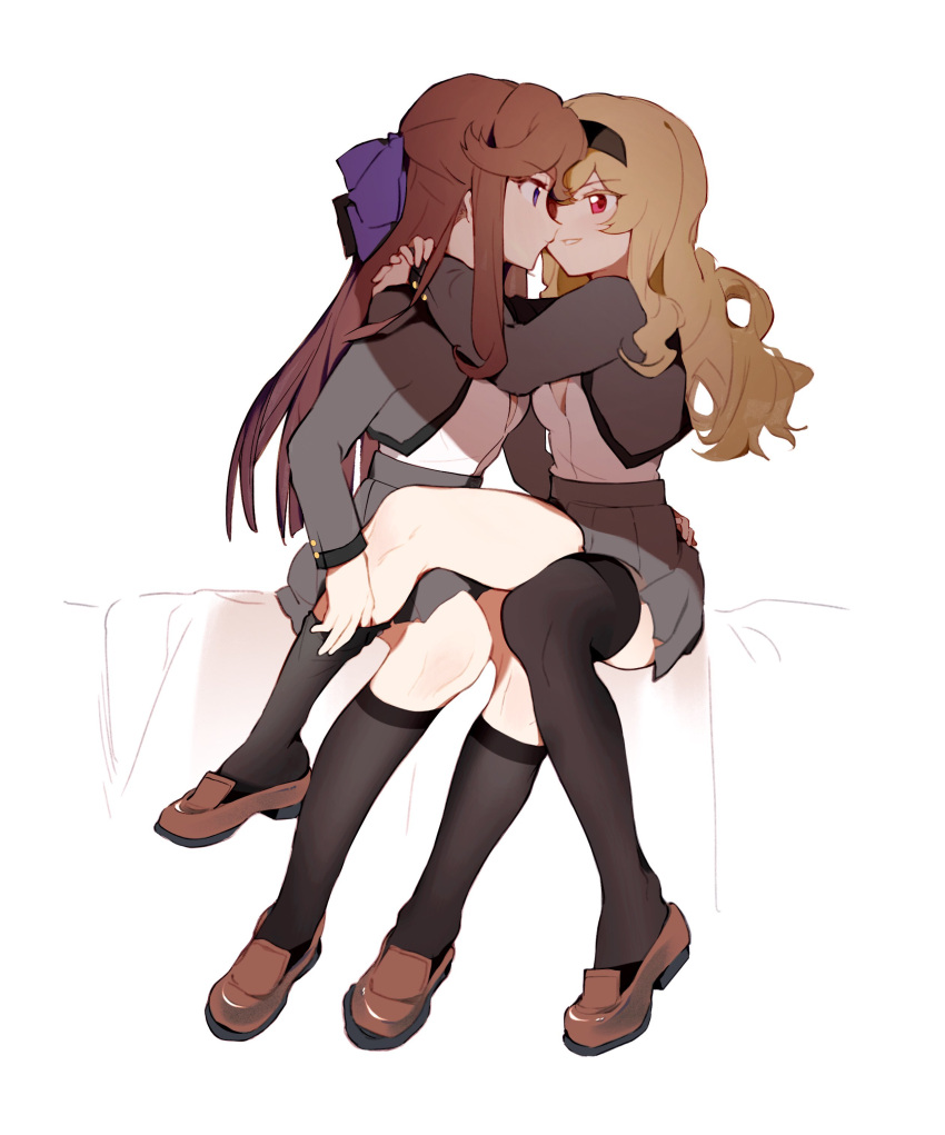 2girls absurdres arm_around_shoulder arms_around_neck bed_sheet black_hairband black_socks black_thighhighs blonde_hair blunt_ends bow breasts brown_footwear brown_hair closed_mouth eye_contact face-to-face full_body grey_jacket grey_skirt grin hair_between_eyes hair_bow hairband half_updo hand_on_another's_ass hand_on_another's_leg hands_up highres jacket kneehighs loafers long_hair long_sleeves looking_at_another medium_breasts miniskirt multiple_girls open_clothes open_jacket parted_lips partially_unbuttoned pleated_skirt profile pulling_another's_clothes purple_bow purple_eyes red_eyes saijou_claudine school_uniform seishou_music_academy_uniform shade shirt shirt_tucked_in shoes shoujo_kageki_revue_starlight sidelocks simple_background sitting skirt smile socks tendou_maya thighhighs thighhighs_pull v-shaped_eyebrows vojaganto wavy_hair white_background white_shirt yuri