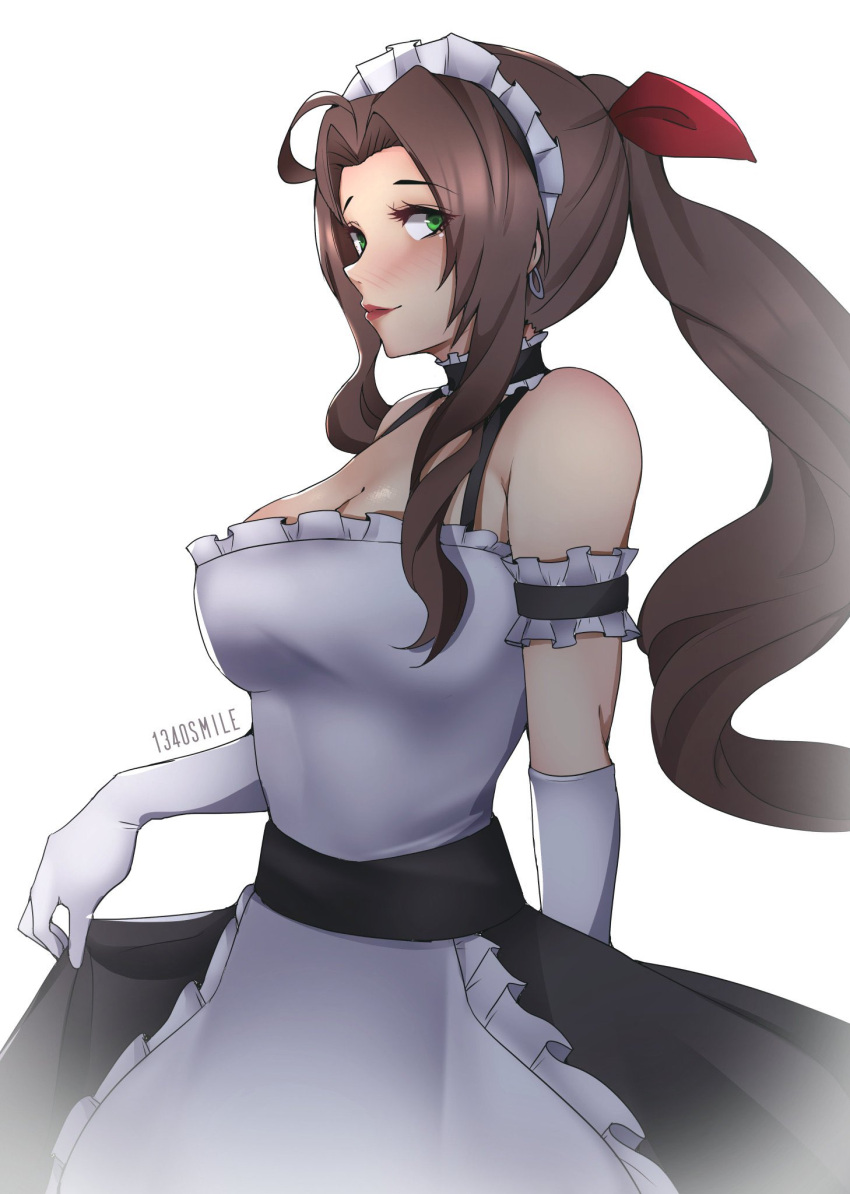 1340smile 1girl aerith_gainsborough alternate_costume apron closed_mouth elbow_gloves enmaided final_fantasy final_fantasy_vii frills gloves green_eyes high_ponytail highres long_hair looking_at_viewer maid maid_apron maid_day maid_headdress red_lips simple_background solo very_long_hair white_background white_gloves