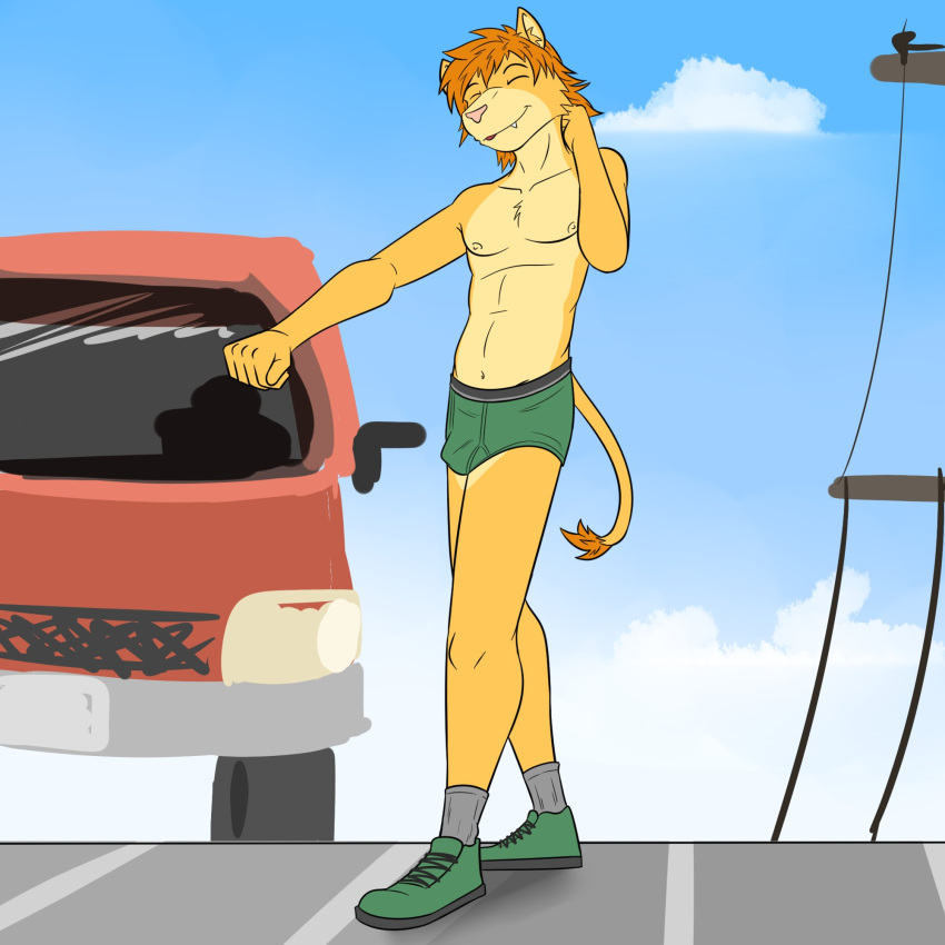 anthro briefs briefs_only bulge car clothed clothing dancing felid footwear fuze hi_res lion lion_frat_dude_(fuze) male mammal navel nipples outside pantherine public shoes socks solo street topless underwear underwear_only vehicle