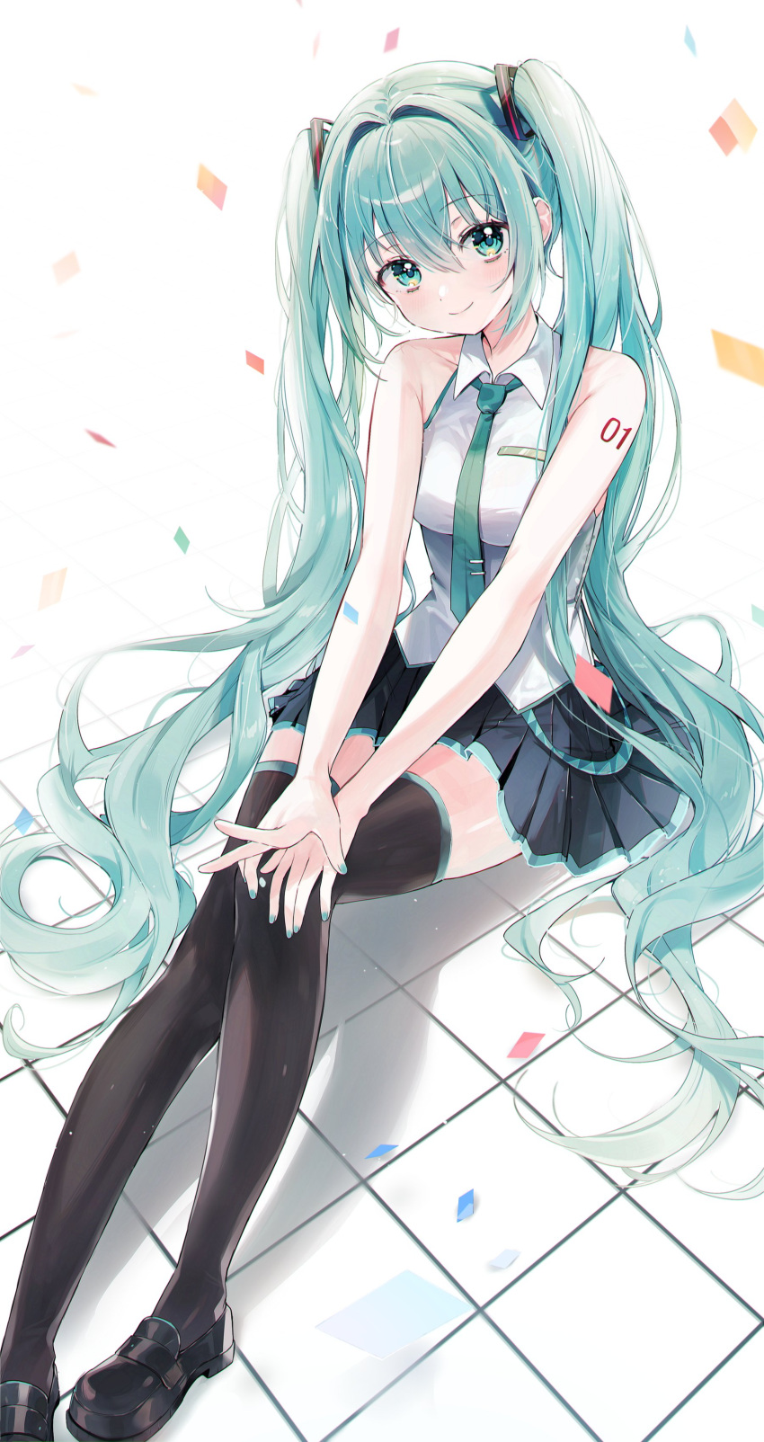 1girl absurdres aqua_hair bare_shoulders black_footwear black_skirt blush closed_mouth hair_between_eyes hatsune_miku highres long_hair looking_at_viewer miku_day miniskirt nail_polish nare_(17_junana) necktie petals pleated_skirt shirt shoulder_tattoo sitting skirt sleeveless sleeveless_shirt smile solo tattoo thighhighs twintails very_long_hair white_shirt zettai_ryouiki