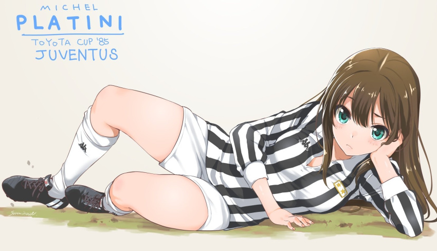 1girl blue_eyes brown_hair cleats closed_mouth full_body hand_on_own_head head_on_hand highres idolmaster idolmaster_cinderella_girls inoue_sora jersey juventus_fc kneehighs long_hair lying on_side serie_a shibuya_rin shirt soccer_uniform solo sportswear striped striped_shirt vertical-striped_shirt vertical_stripes