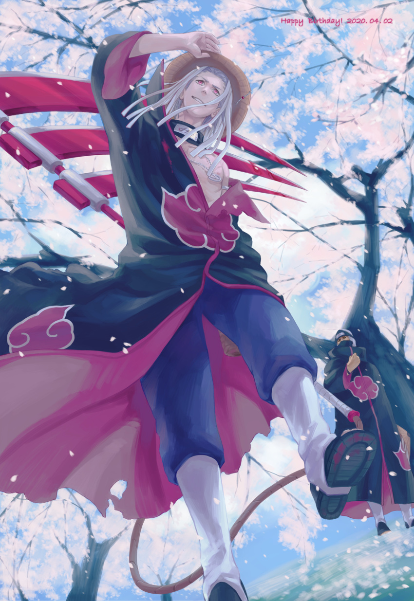 2boys absurdres akatsuki_(naruto) akatsuki_uniform blue_sky cherry_blossoms dark-skinned_male dark_skin full_body grin happy_birthday hat hidan_(naruto) highres holding holding_weapon kakuzu_(naruto) long_sleeves male_focus multiple_boys naruto_(series) naruto_shippuuden ninja outdoors purple_eyes sandals scythe shoe_soles sky smile standing straw_hat teeth tree weapon white_hair yi_(199702090505)