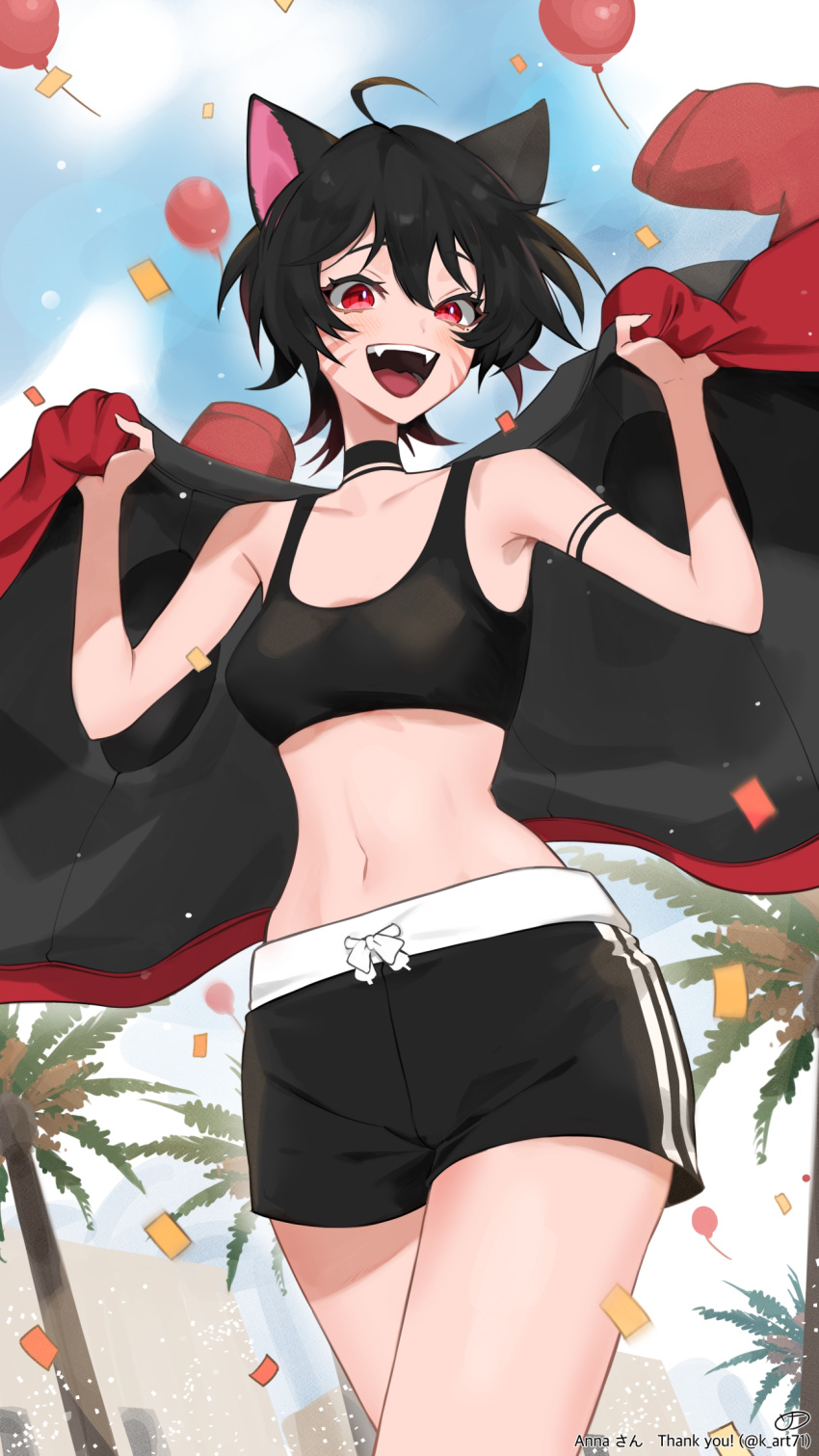 1girl ahoge balloon black_hair black_jacket black_shorts black_sports_bra borrowed_character breasts cat_girl character_name collarbone commission confetti facial_mark fangs highres jacket jacket_on_shoulders k_(art71) midriff navel open_mouth original palm_tree red_eyes short_hair shorts skeb_commission small_breasts solo sports_bra tree twitter_username whisker_markings