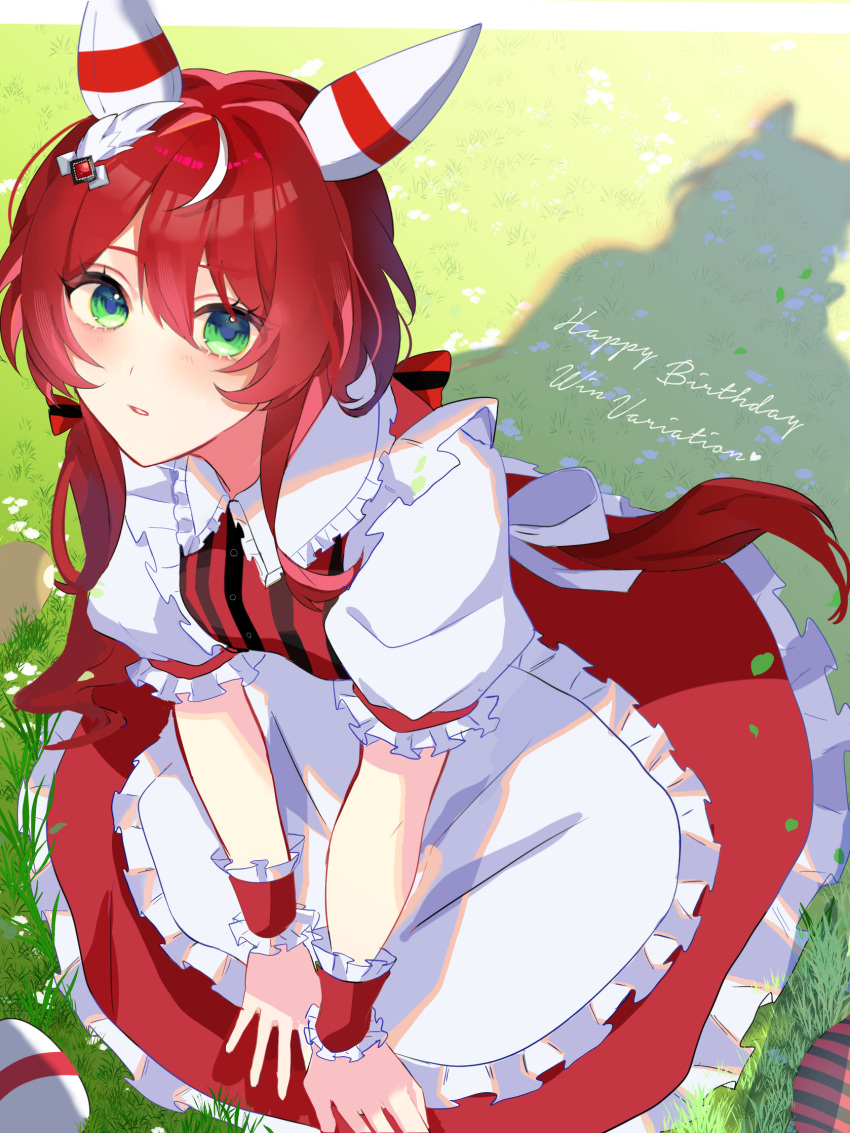 1girl animal_ears blush breasts character_name commentary_request gloves grass green_eyes hair_between_eyes hair_ornament happy_birthday highres horse_ears horse_girl horse_tail koyox_ll low_twintails on_ground outdoors pantyhose red_hair shadow small_breasts solo tail twintails umamusume win_variation_(umamusume)