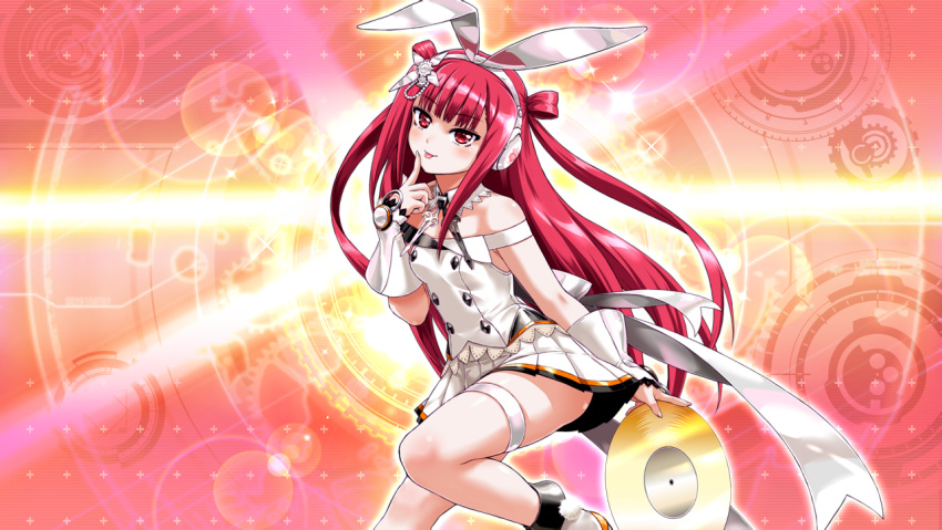 1girl bare_shoulders beatmania_iidx breasts goli_matsumoto hair_ornament headphones holding_record long_hair non-web_source official_art pink_eyes pink_hair rabbit_hair_ornament skirt small_breasts smirk solo tongue tongue_out umegiri_ameto white_skirt