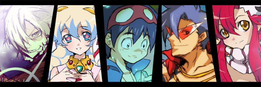 2girls 3boys blue_hair cross-shaped_pupils gainax kamina_(ttgl) kamina_shades looking_at_viewer multicolored_hair multiple_boys multiple_girls nia_teppelin nishijima red_hair scarf simon_(ttgl) smile symbol-shaped_pupils tengen_toppa_gurren_lagann two-tone_hair viral_(ttgl) yellow_eyes yoko_littner