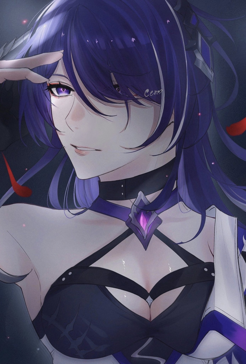 1girl acheron_(honkai:_star_rail) armpits black_gloves breasts cleavage coat commentary criss-cross_halter diamond-shaped_pupils diamond_(shape) enu_eak eyes_visible_through_hair eyeshadow gloves hair_between_eyes hair_ornament hair_over_one_eye halterneck highres honkai:_star_rail honkai_(series) large_breasts long_hair looking_to_the_side makeup multicolored_hair parted_lips purple_eyes purple_hair red_eyeshadow red_petals single_bare_shoulder solo streaked_hair symbol-only_commentary symbol-shaped_pupils upper_body white_coat