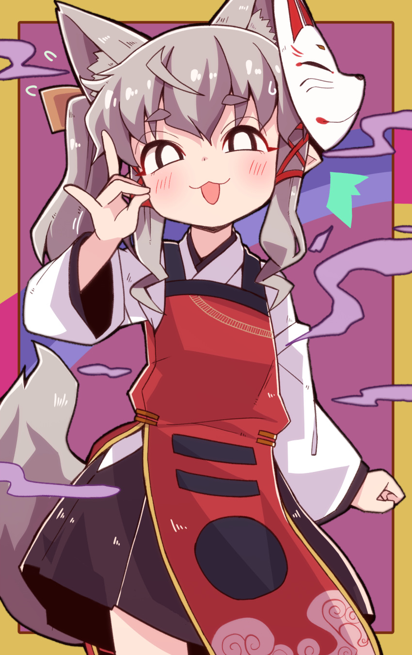 1girl :3 animal_ears apron black_skirt blush fox_ears fox_girl fox_mask fox_shadow_puppet fox_tail grey_hair highres japanese_clothes long_sleeves looking_at_viewer mask mask_on_head open_mouth original short_eyebrows skirt smile solo tail thick_eyebrows tsukimi_shokudouki yukinagi