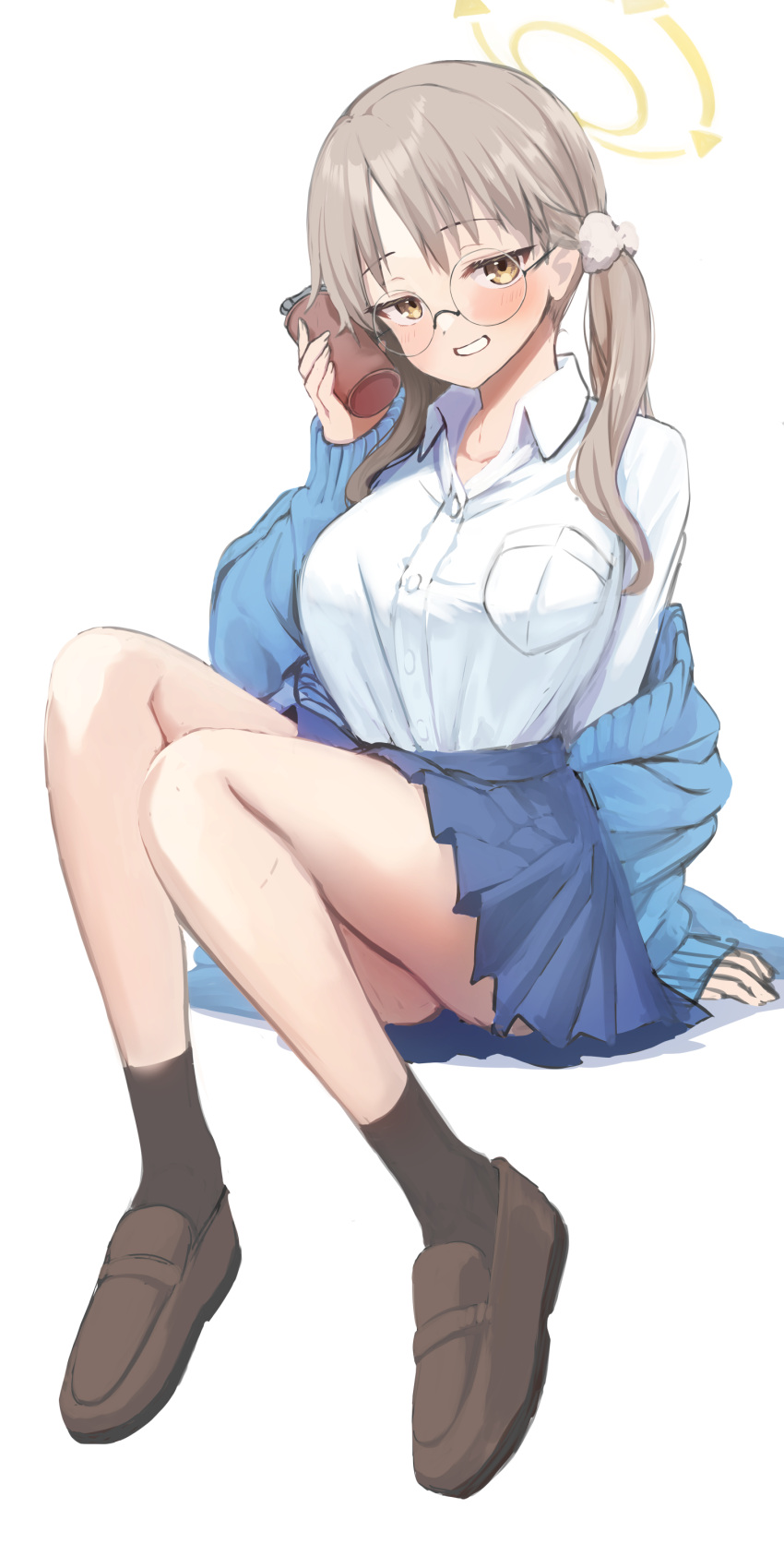 1girl absurdres ass black_socks blue_archive blue_cardigan blue_skirt blush breasts brown_eyes brown_footwear brown_hair buttons cardigan collared_shirt full_body glasses grin halo highres holding large_breasts long_hair long_sleeves looking_at_viewer moe_(blue_archive) nnyara open_cardigan open_clothes pleated_skirt round_eyewear shirt shoes simple_background skirt smile socks solo twintails white_background yellow_halo