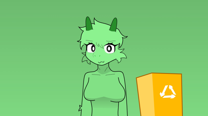 female fur green_background green_body green_fur humanoid rice_101 simple_background solo trash_can unknown_species